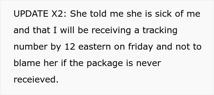 Text message update about receiving a tracking number, mentioning frustration and blaming a friend for a missing package.