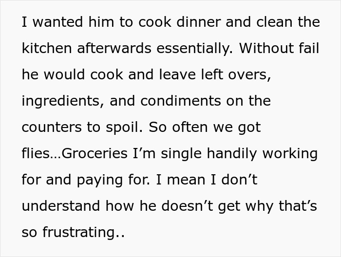 Text excerpt about a lazy guy leaving kitchen mess, highlighting frustration with his behavior in a relationship.