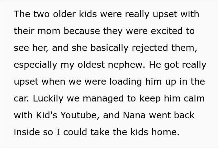 Text excerpt describing kids upset with their mom during a visit, highlighting family tension and emotional reactions.