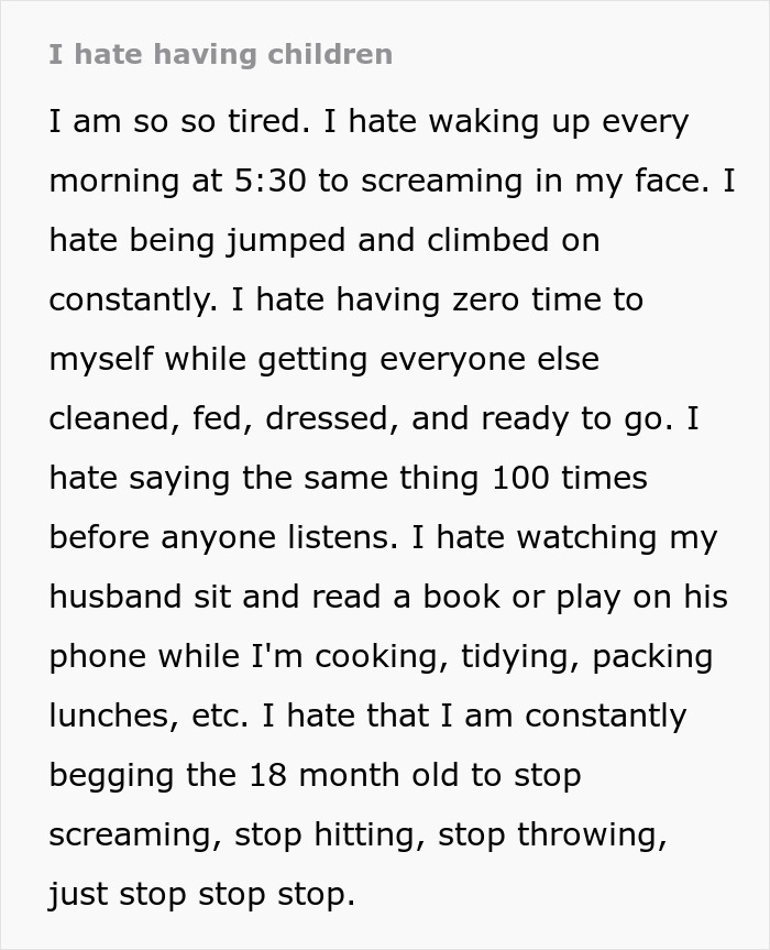 Alt text: Exhausted woman expressing fear and regret about motherhood, overwhelmed by constant demands and lack of personal time Alt text: Exhausted woman expressing fear and regret about motherhood, overwhelmed by constant demands and lack of personal time