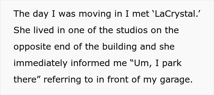 Text excerpt about a man meeting his entitled neighbor who always blocks his garage with her car.