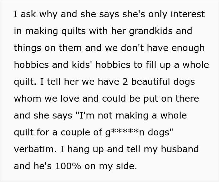 Text conversation about a childfree woman upset her MIL refuses to make a family quilt including dogs' hobbies. Text conversation about a childfree woman upset her MIL refuses to make a family quilt including dogs' hobbies.
