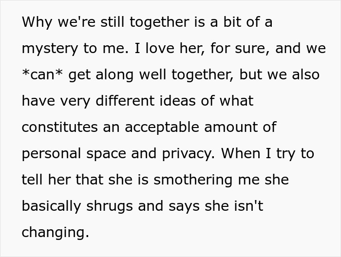 Text excerpt showing a relationship issue where the girlfriend wants to quit job after winning the lottery and affects personal space.