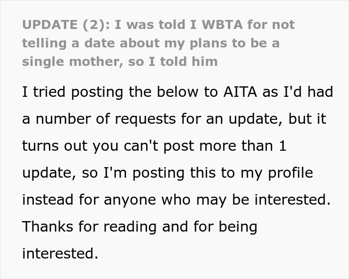 Text post discussing a woman debating hiding artificial insemination plans from a date and wanting to be a mother.