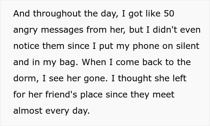 Text excerpt showing a message about missing angry texts after stealing roomie&rsquo;s food and peanut allergy issues leading to ER visit.
