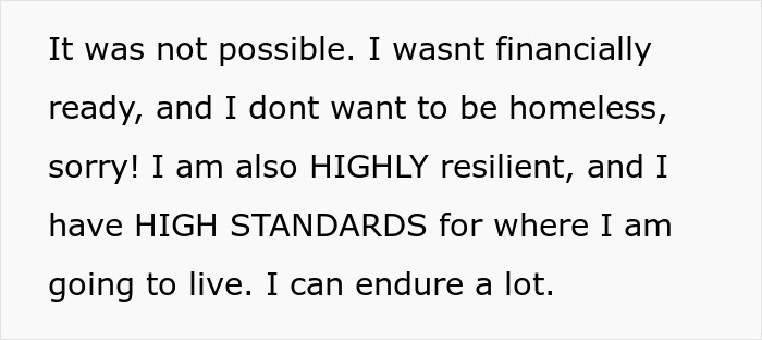 Text showing a person explaining they were not financially ready and have high standards for where to live, expressing resilience. Text showing a person explaining they were not financially ready and have high standards for where to live, expressing resilience.
