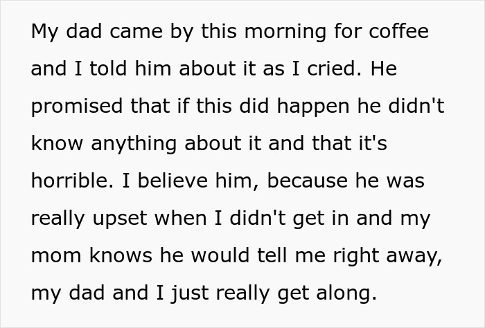 Text excerpt showing a woman explaining why she never got to study abroad and her dad’s reaction to the news. Text excerpt showing a woman explaining why she never got to study abroad and her dad’s reaction to the news.