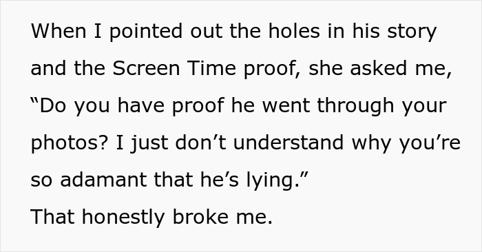 Text describing a woman feeling broken and cutting off a long-term friend after privacy concerns were dismissed.