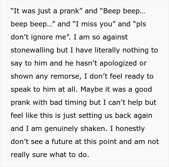 Woman finds hidden device in closet planted by boyfriend, feeling shaken and unsure about their future after the prank.