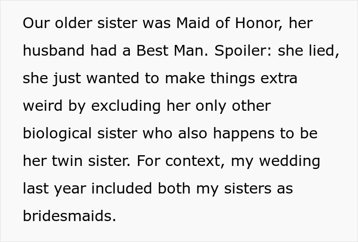 Text excerpt describing a bride excluding her twin sister from the wedding, revealing family favoritism and tension.