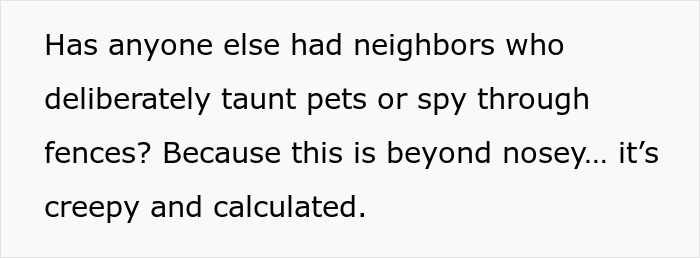 Text about a neighbor admitting her mom drilled holes in fence to spy, denying taunting dogs.