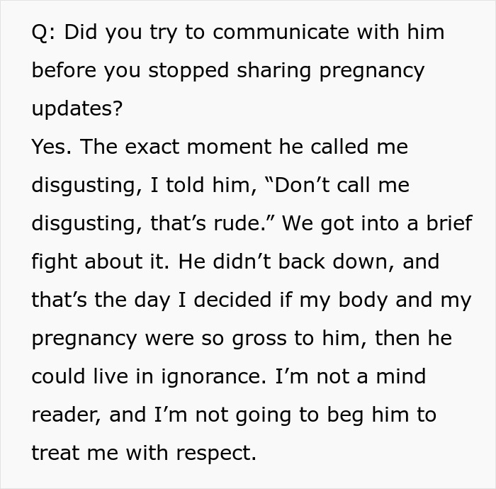 Text excerpt discussing a husband calling his pregnant wife disgusting and her decision to stop communicating with him.