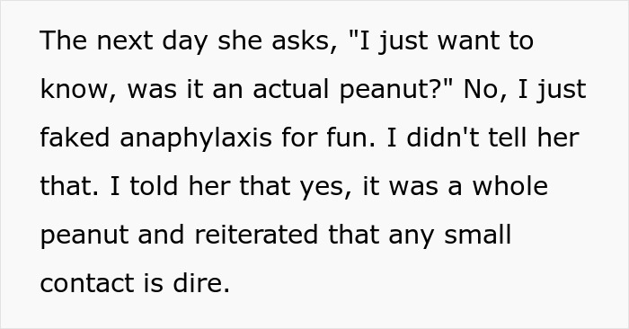 Text excerpt discussing an allergic reaction involving a peanut leading to anaphylactic shock and lack of remorse.