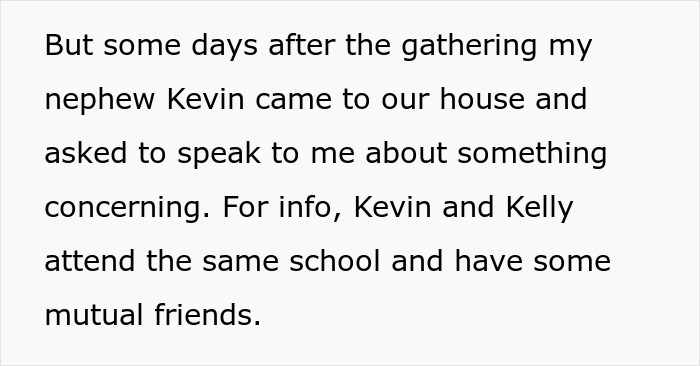 Text excerpt about a nephew Kevin discussing a concerning issue related to brother daughter family drama.