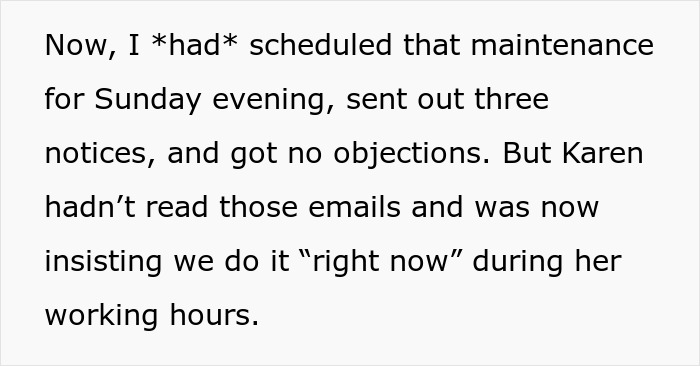 Text excerpt about server down scheduled maintenance issues during business hours illustrating malicious compliance. Text excerpt about server down scheduled maintenance issues during business hours illustrating malicious compliance.