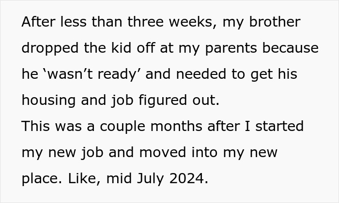 Text excerpt describing a single mom abandoning toddler with parents needing to restart life and job in mid 2024.