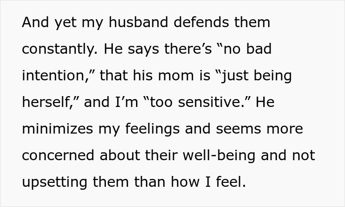 Text about inlaws push boundaries in marriage with husband defending them and minimizing feelings leading to conflict and divorce risk.