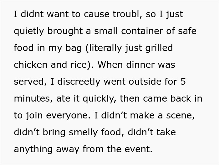 Text discussing a wedding where a friend brings her own food due to dietary needs, causing drama with the couple.