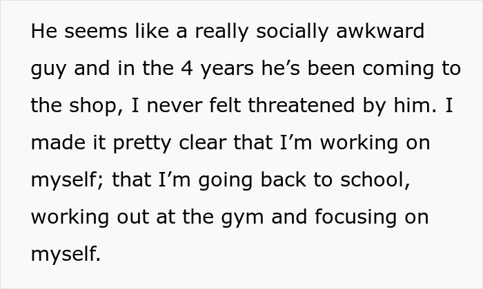 Text excerpt describing a socially awkward stalker customer who found the home and rang the doorbell repeatedly.