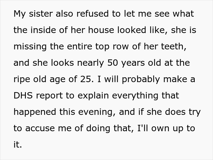 Text describing a woman&rsquo;s sister threatening to call the cops with shaking and fake crying during a dispute involving kids.