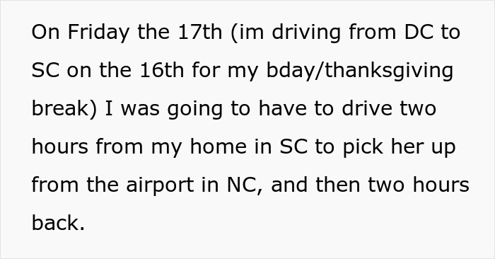 Text excerpt describing a woman manipulating her boyfriend to break up and then demanding free rides from him.