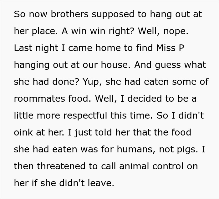 Text excerpt about woman confronting brother&rsquo;s girlfriend eating food and calling her Miss Piggy leading to drama.
