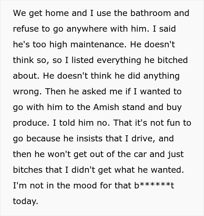 Man refuses to get out of car to check restaurant menu, wife decides they will not eat out.