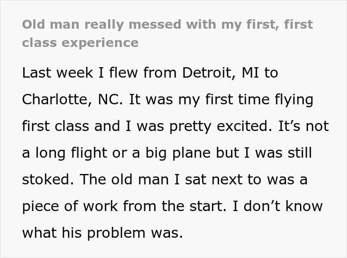Woman’s first ever first class flight experience ruined by rude old man, she claps back confidently on plane. Woman’s first ever first class flight experience ruined by rude old man, she claps back confidently on plane.