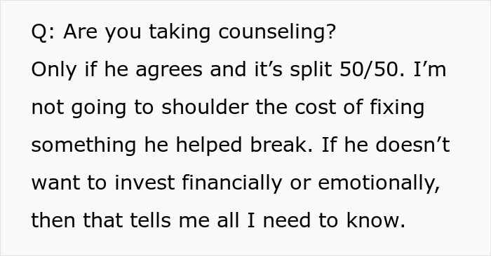 Text discussion about counseling and a partner refusing to invest emotionally or financially, related to husband calling pregnant wife disgusting.