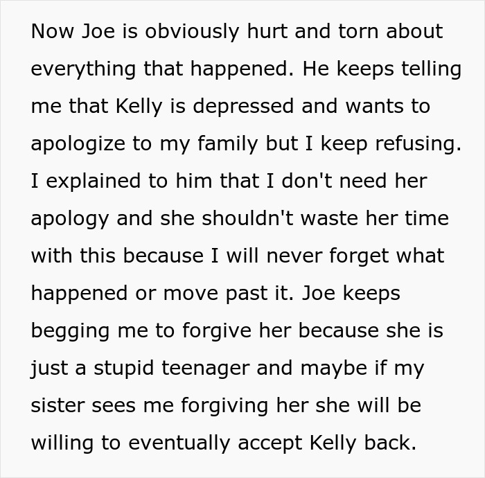 Text excerpt about a brother-daughter family drama with Joe urging forgiveness and unresolved past conflicts.
