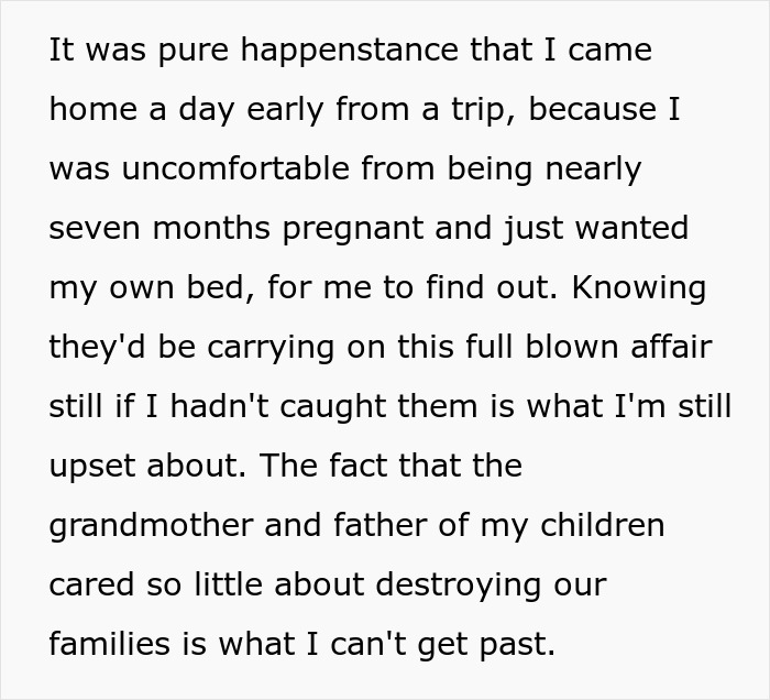 Text excerpt describing a woman discovering her mom&rsquo;s 22-year affair with her husband after coming home early while pregnant.