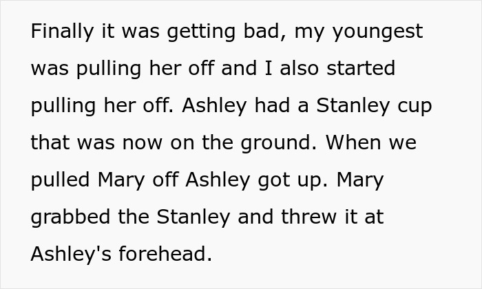 Text describing a family dinner brawl where a widow snaps after a cruel joke about her husband leads to a physical fight.