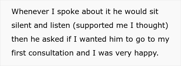 Text excerpt showing a woman describing her husband giving an ultimatum about plastic surgery consultations.