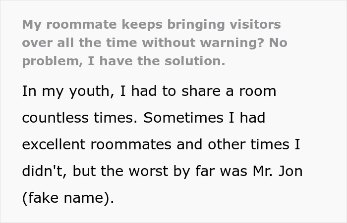 Text excerpt about a guy sharing a room with roommates, mentioning boxers bothering guests and awkward situations.