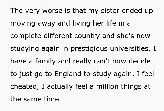 Alt text: Woman learns the truth about why she never got to study abroad and feels conflicted about her education choices. Alt text: Woman learns the truth about why she never got to study abroad and feels conflicted about her education choices.