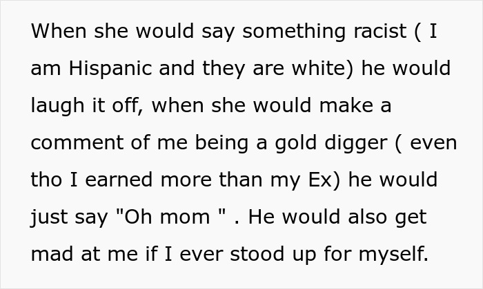 Text excerpt discussing experiences of racism and conflict related to husband and mother-in-law dynamics in a family setting.
