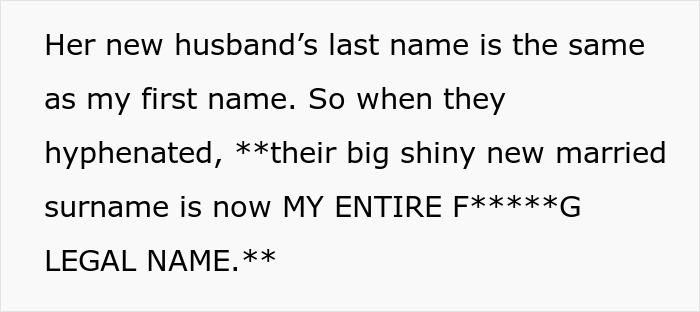 Text on a screen describing a man&rsquo;s ex-wife and her new husband legally changing their name to his full name.