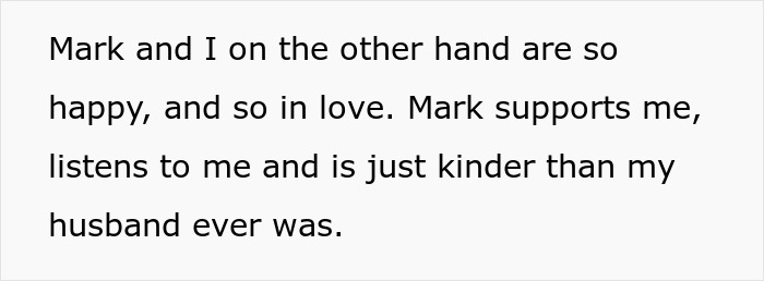 Text image showing a quote about Mark being supportive, kinder than the husband, and expressing happiness in love.