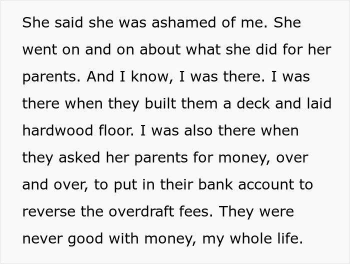 Text excerpt about family financial struggles and support, reflecting challenges in a mom retirement plan context.