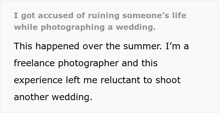 Freelance photographer confronted by bride&rsquo;s sister during school project at university, causing wedding disruption.