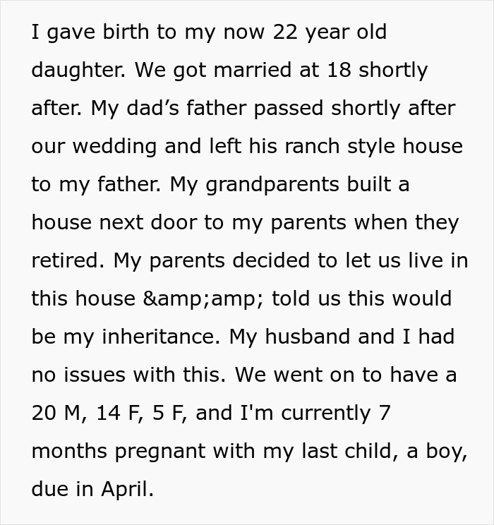 Text excerpt about a woman recounting family history before exposing her mom's 22-year affair with her husband.