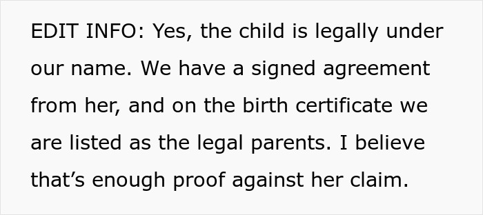 Text stating legal proof of child custody based on signed agreement and birth certificate listing legal parents.