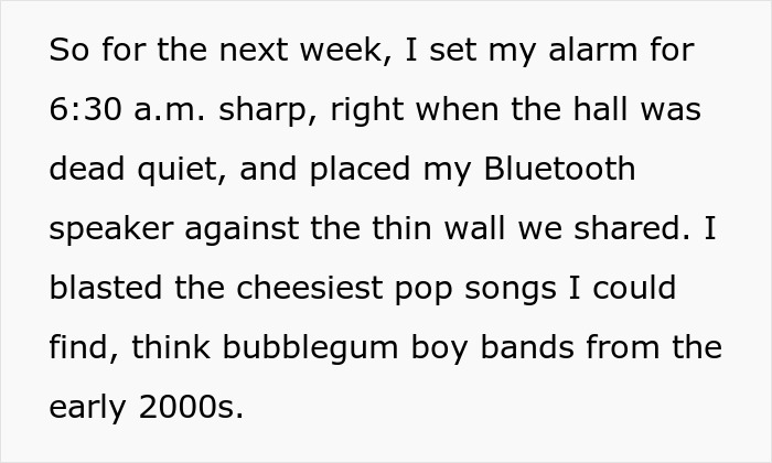 Text showing a student setting a 6:30 a.m. alarm to blast music as petty revenge on noisy neighbor.