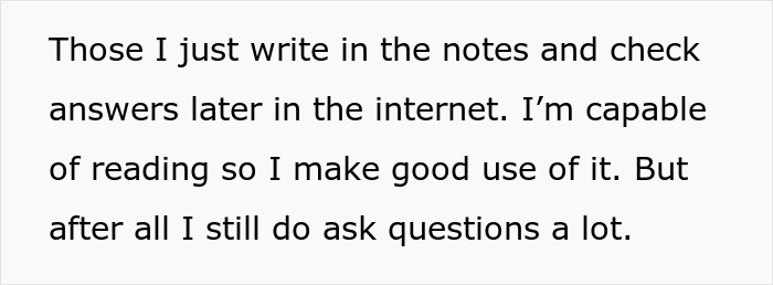 Text excerpt discussing note-taking and reading ability, highlighting confidence despite frequently asking questions.