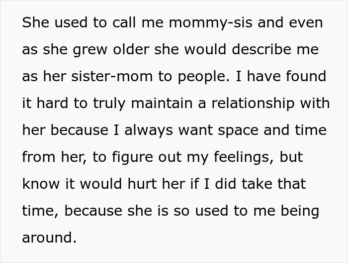 Text excerpt discussing the 19-year-old forced to be a parent to little sister, struggling with boundaries and feelings.