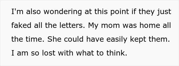 Text excerpt showing a woman expressing confusion about letters and her mom’s role, reflecting on study abroad truth. Text excerpt showing a woman expressing confusion about letters and her mom’s role, reflecting on study abroad truth.