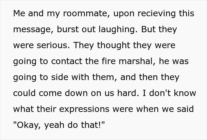 Text describing a landlord malicious compliance drama where a message causes laughter and serious reactions from roommates.
