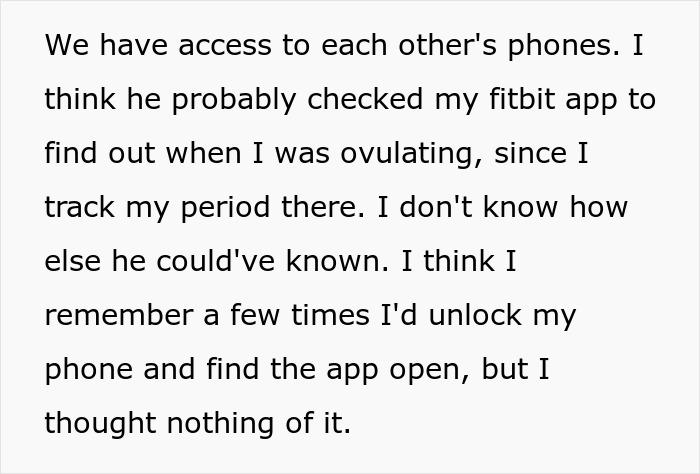 Text message describing boyfriend tampering with girlfriend’s birth control using period tracker app to find ovulation dates. Text message describing boyfriend tampering with girlfriend’s birth control using period tracker app to find ovulation dates.