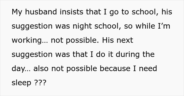 Text expressing frustration about husband expecting wife to work, study full time, and manage two kids, highlighting sleep struggles.
