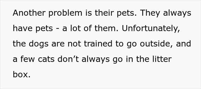 Text discussing challenges with untrained pets, highlighting issues for a mom retirement plan with many animals indoors.